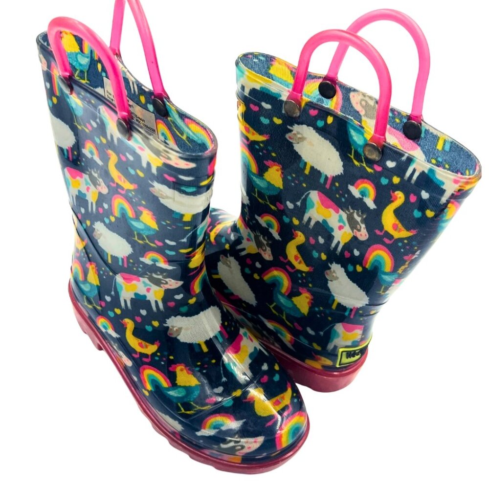 Western Chief Girls Rain Boots Size 9/10 Navy Rainbow Farm Animals